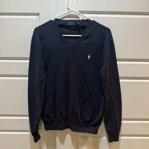 Polo Ralph Lauren Sweater Mens Medium Navy Blue V Neck Pima Cotton Pullover Logo